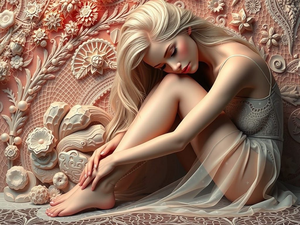 Stunning Blonde Woman in Serene Filigree Setting