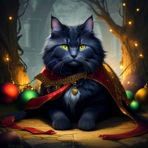 Whimsical Feline Christmas Scene in Fantastical Art Style