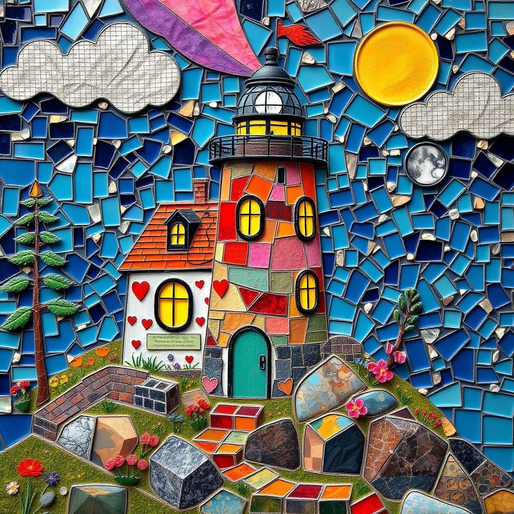 Colorful Lighthouse in Studio Ghibli Mosaic Style