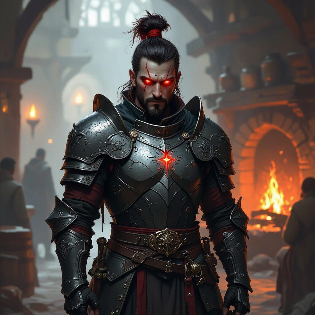 Fallen Aasimar Paladin in Rustic Tavern, Dark Fantasy Style