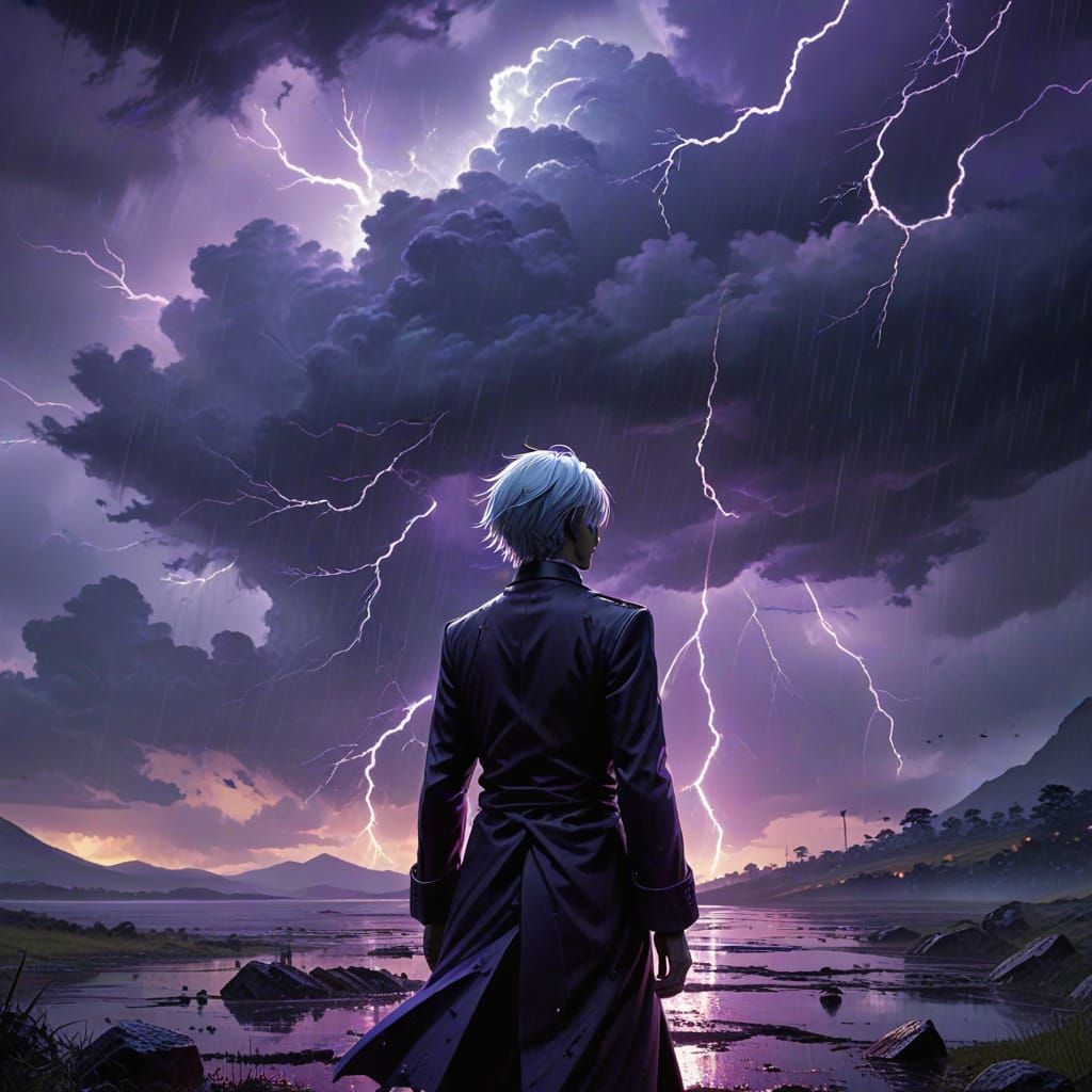 Anime Man Stares Out Over a Dark, Rainy Landscape