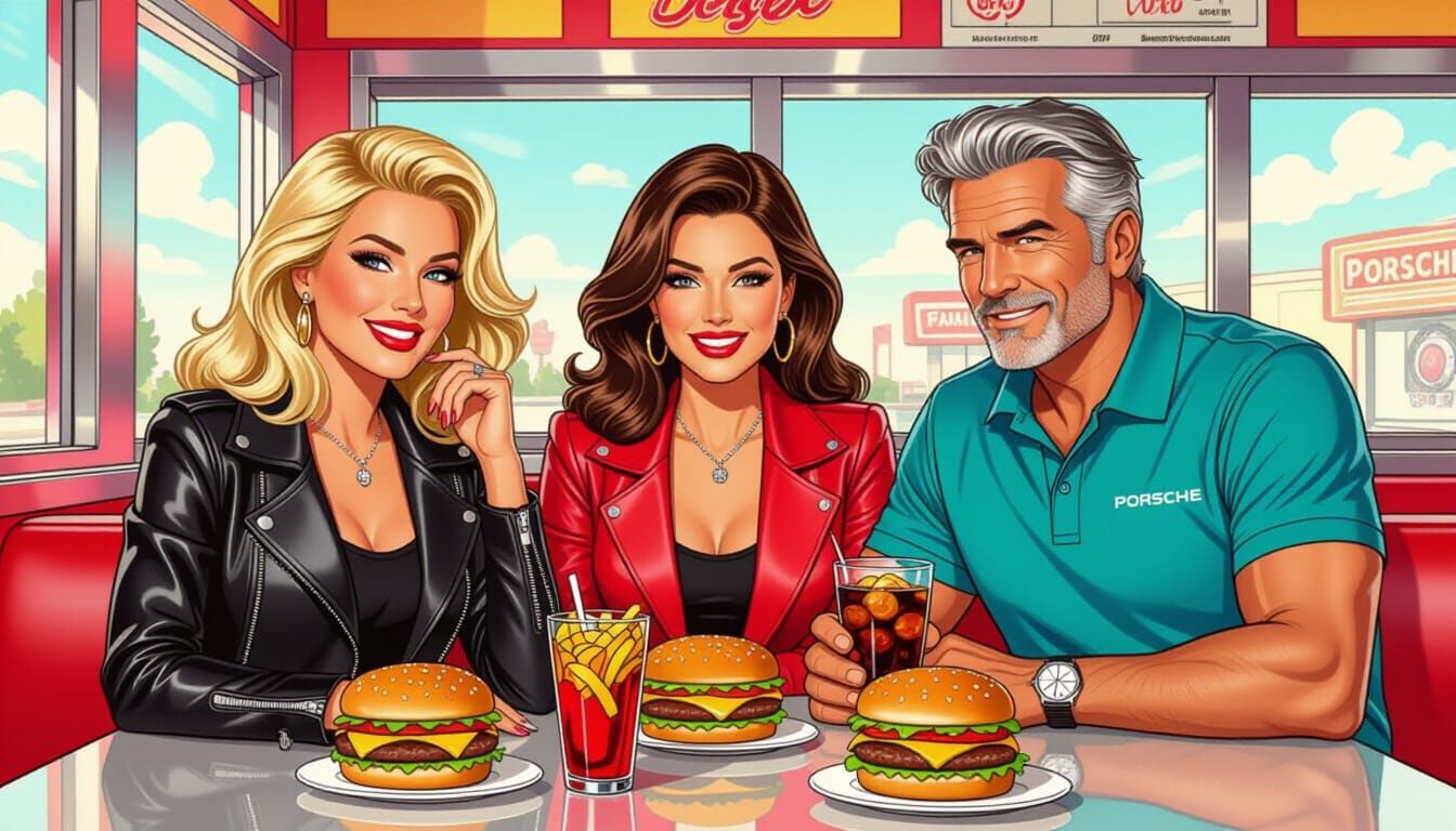 Retro Diner Scene with 4 Friends and Burgers