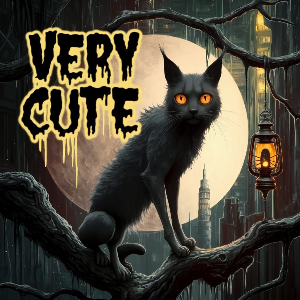 Text that says "VERY CUTE" in a black dripping horror font with a triple bold style and a triple thick pastel yellow out...