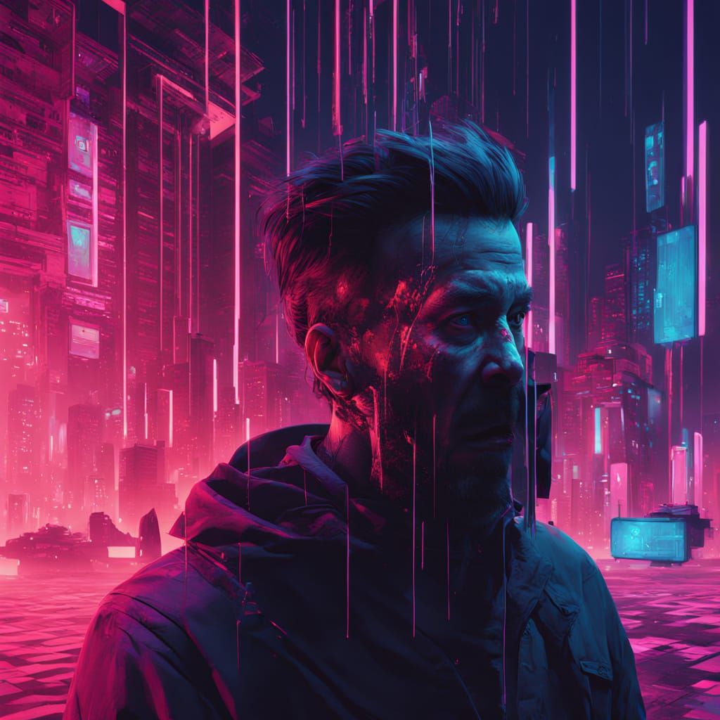 Glitched Vampire Portrait in Cyberpunk Horror Style