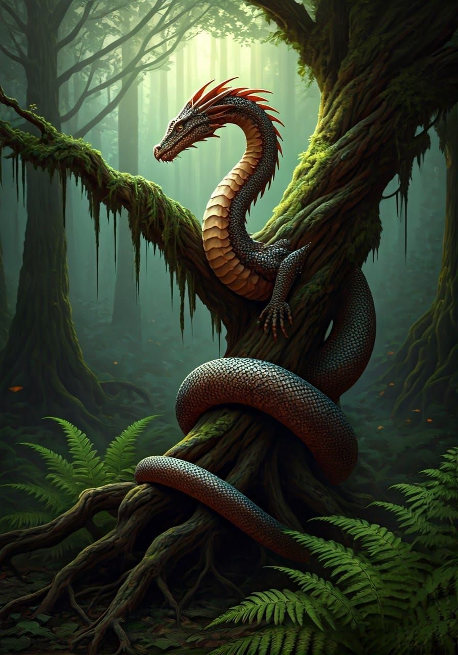 Ladon in Mystical Forest: Biomechanical Art Style