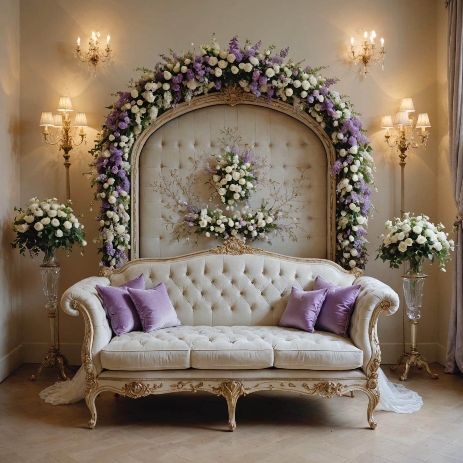 Dreamy Bridal Chair in a Whimsical Lilac Floral Setting, Oil...