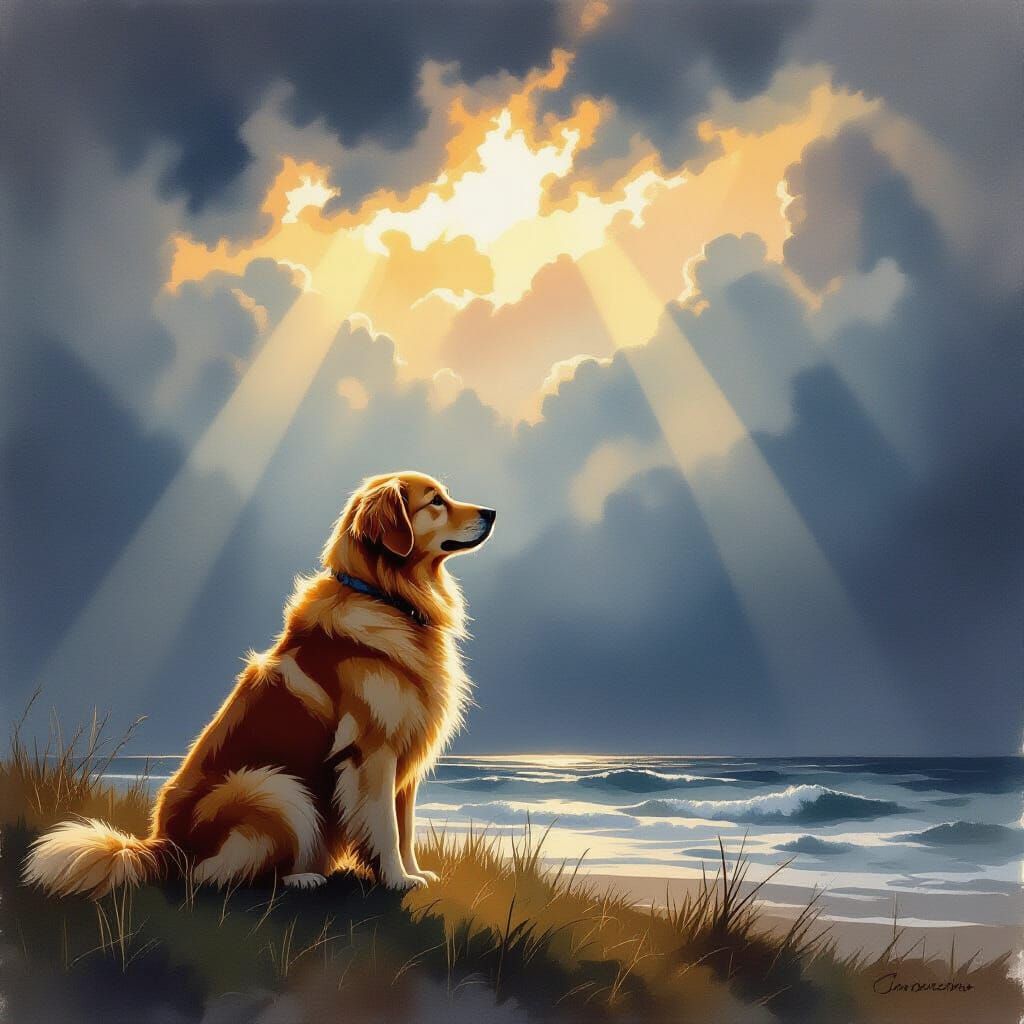 Golden Retriever Silhouette Against Stormy Sky