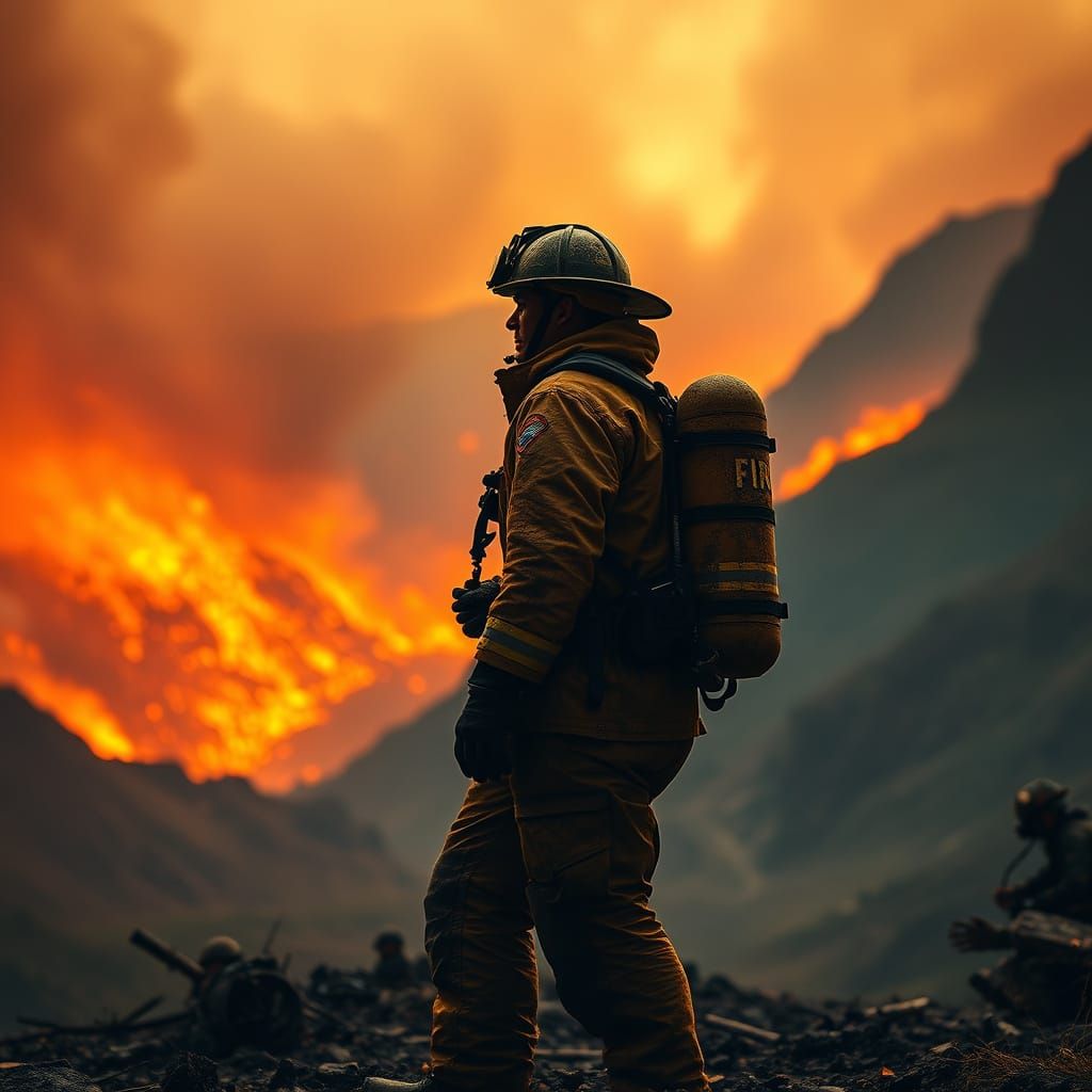 Firefighter Defies Inferno in Gritty, Hyperrealistic Landsca...