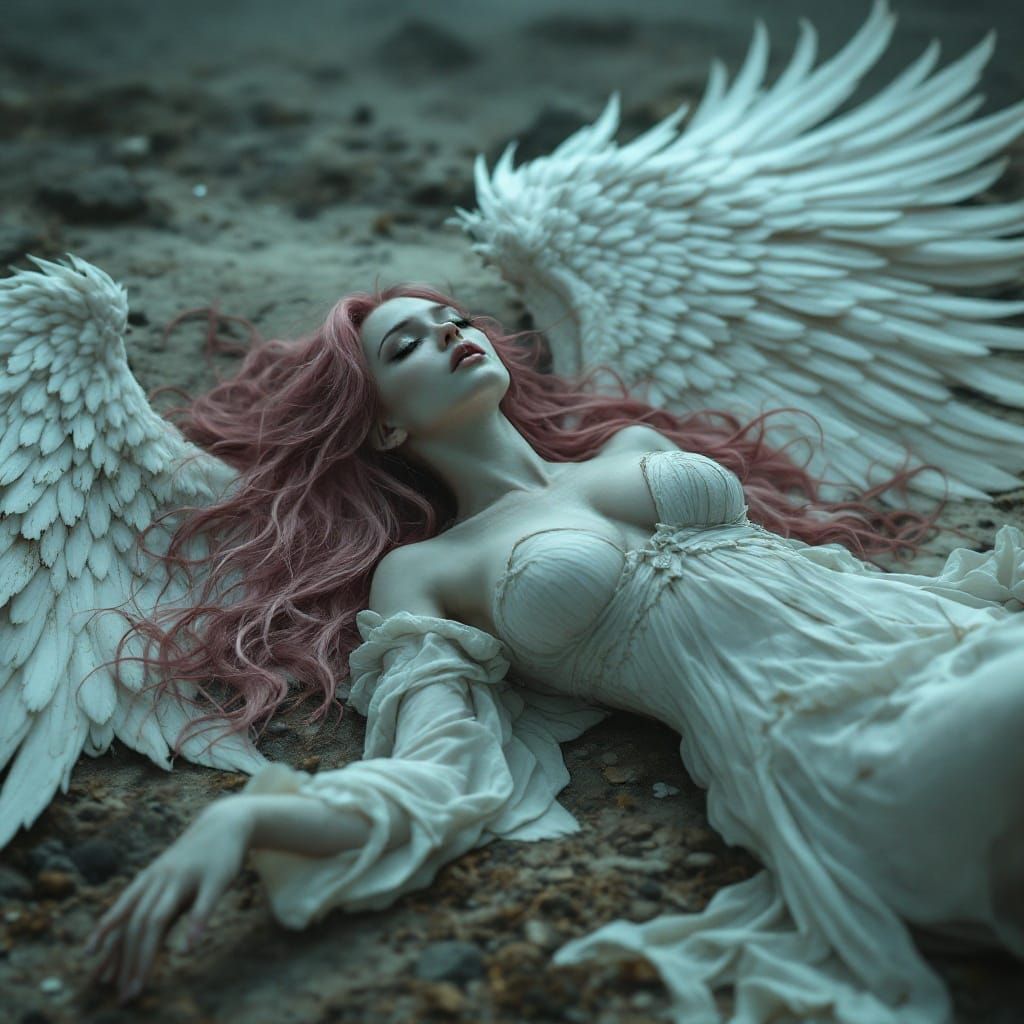 Ethereal Fallen Angel in Stormy Landscape, White Wings and P...