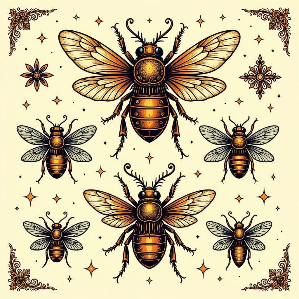 Steampunk Insect Tattoo Flash Sheet