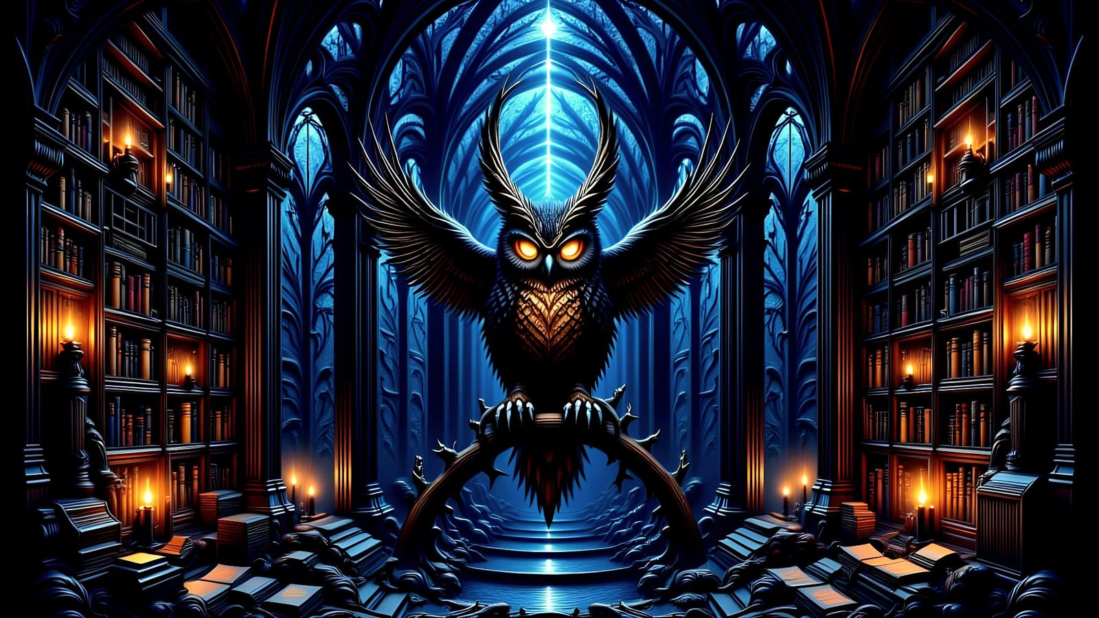 Mythical Horned Owl in Magical Library Stained Glass