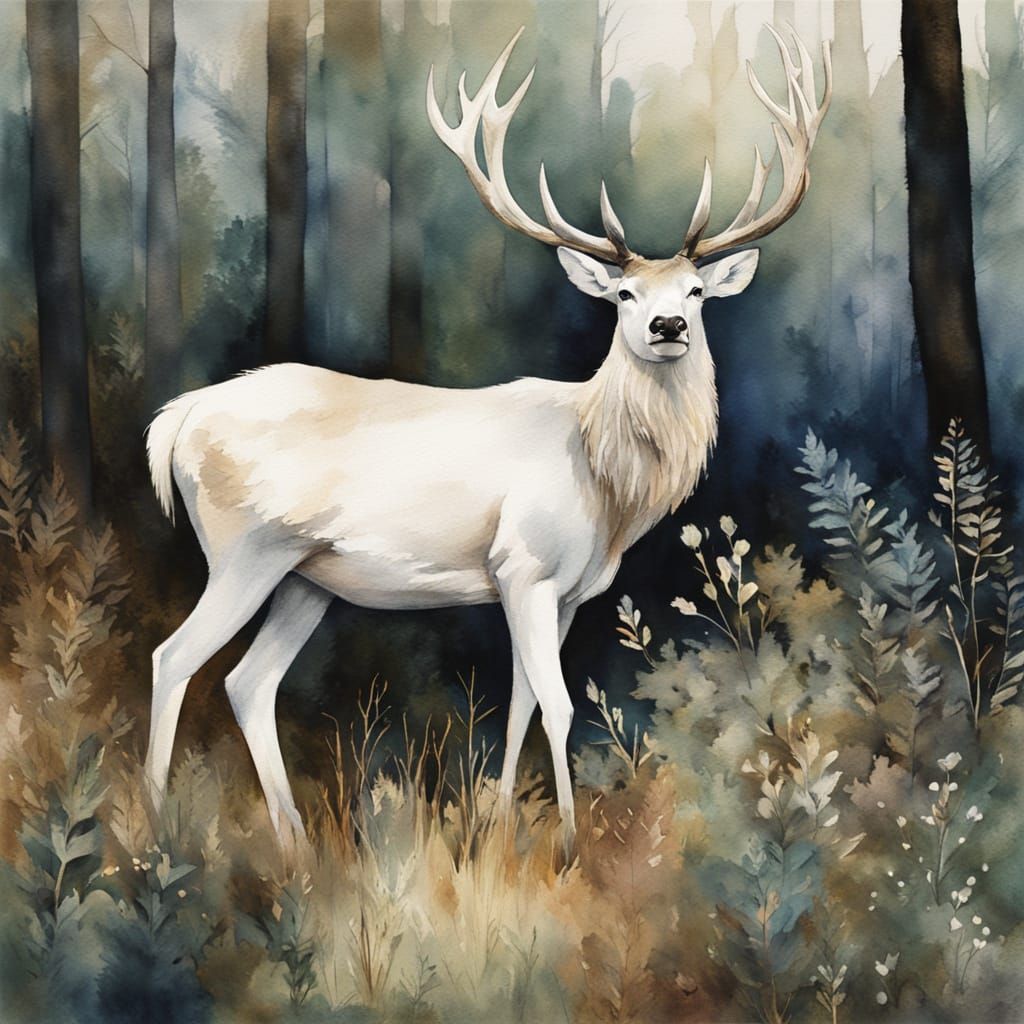 Ethereal Watercolour of a Glowing White Stag in a Mystical F...
