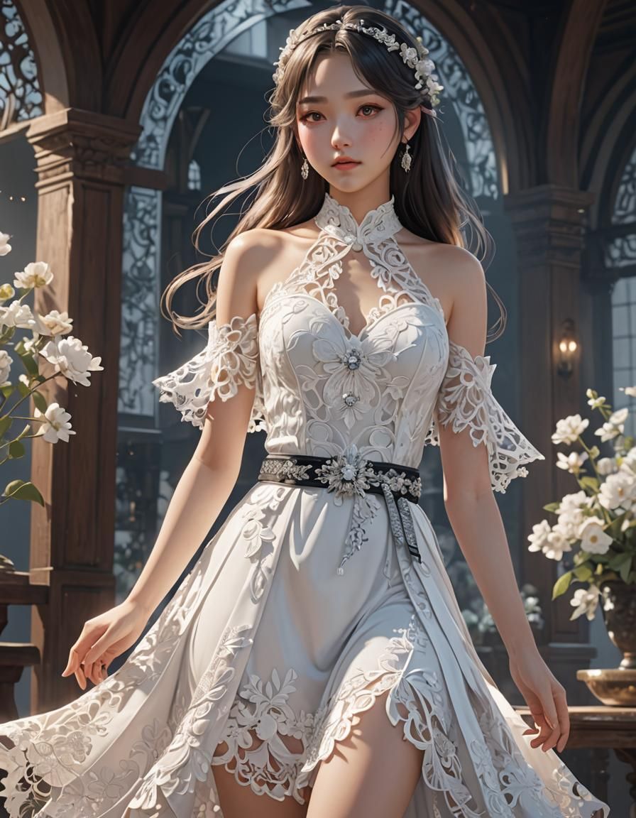 Flowing Lace Dress: 3D Anime Art