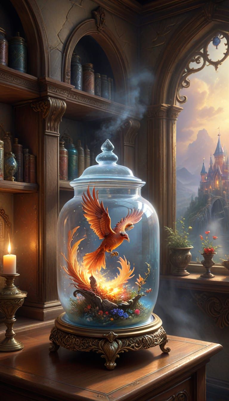 a phoenix inside a glass jar
