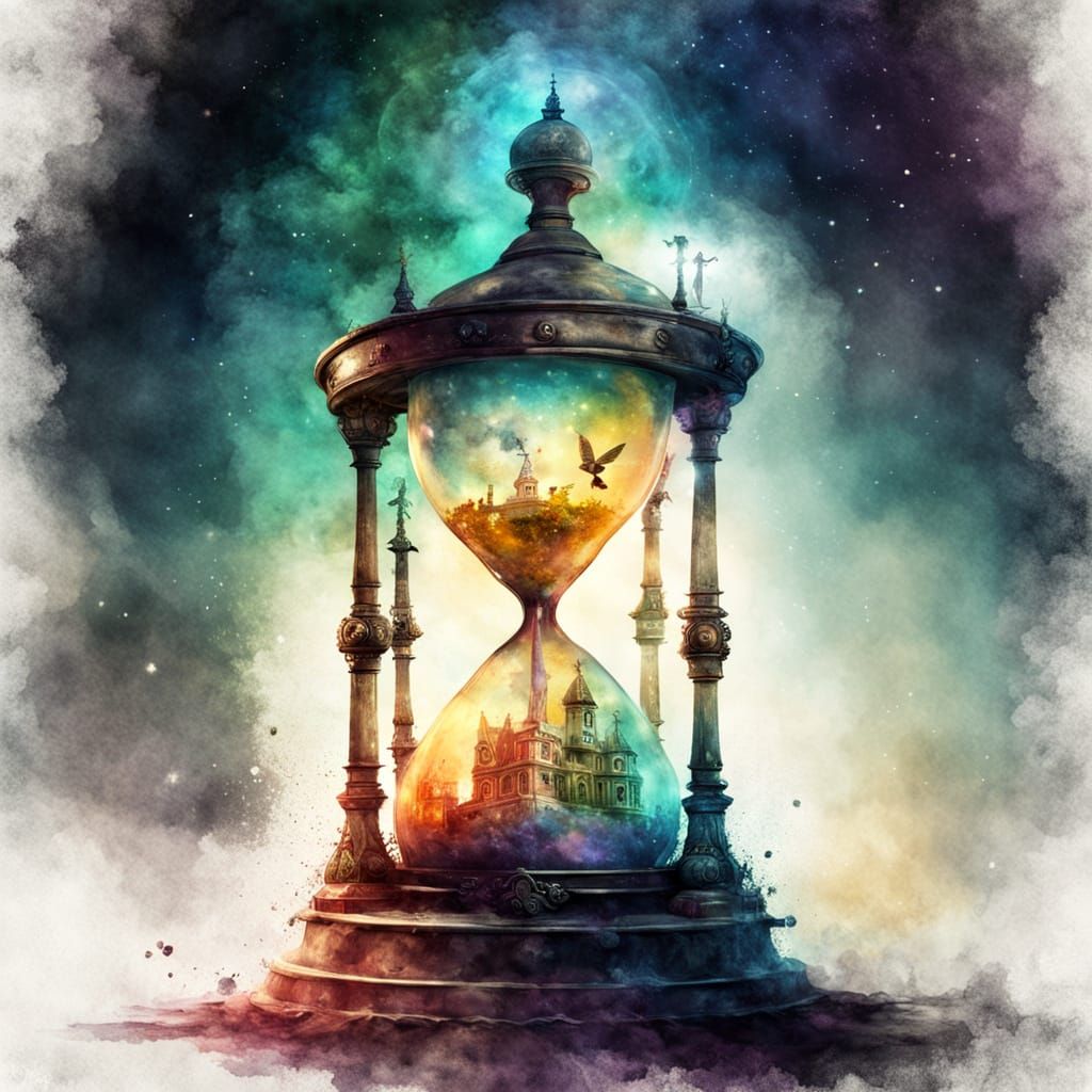 Luminous hourglass in floating observatory.