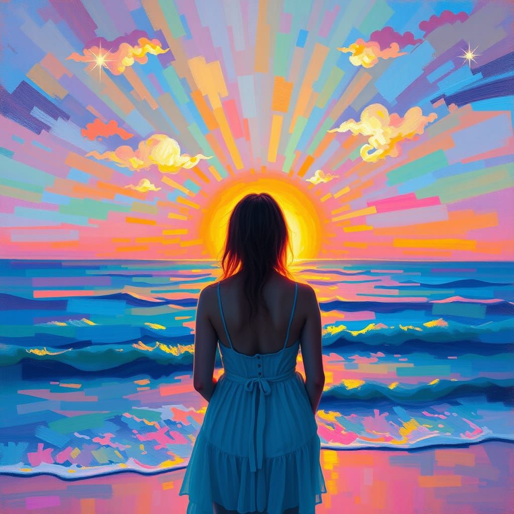 Rainbow Sunrise Seascape in Impressionist Style