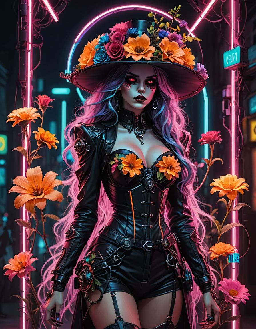 Steampunk Ghost with Neon Flowers