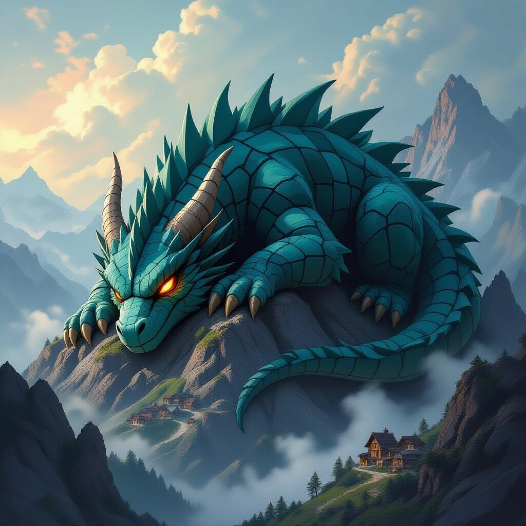 Ancient Plush Dragon on Mountain Peak