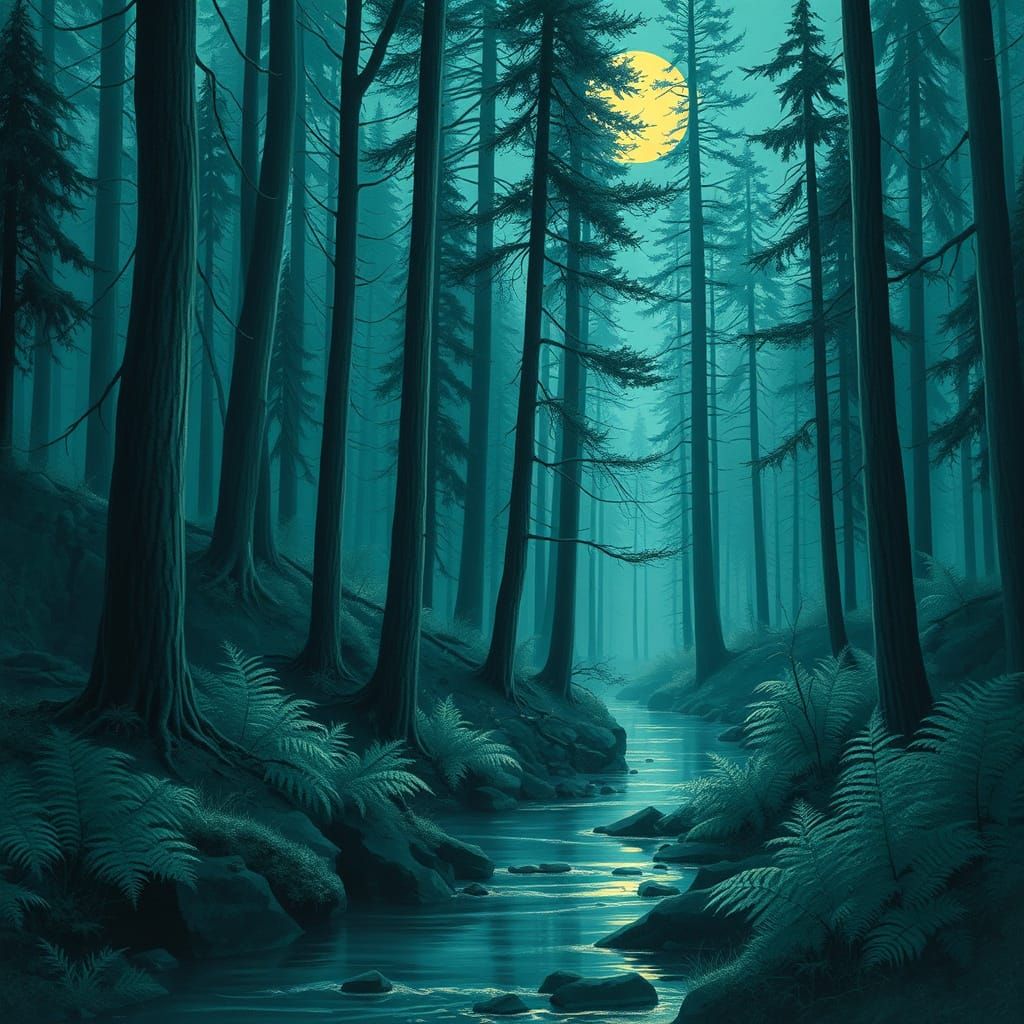 Turquoise Forest in Moonlight: Matte Painting Style