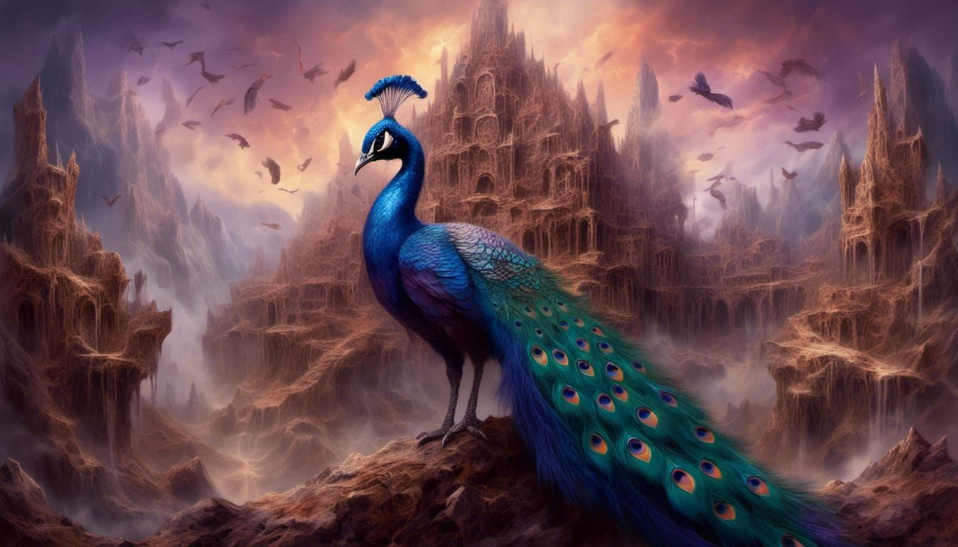 Towering Kaiju-Peacock Over Ruined Baroque City