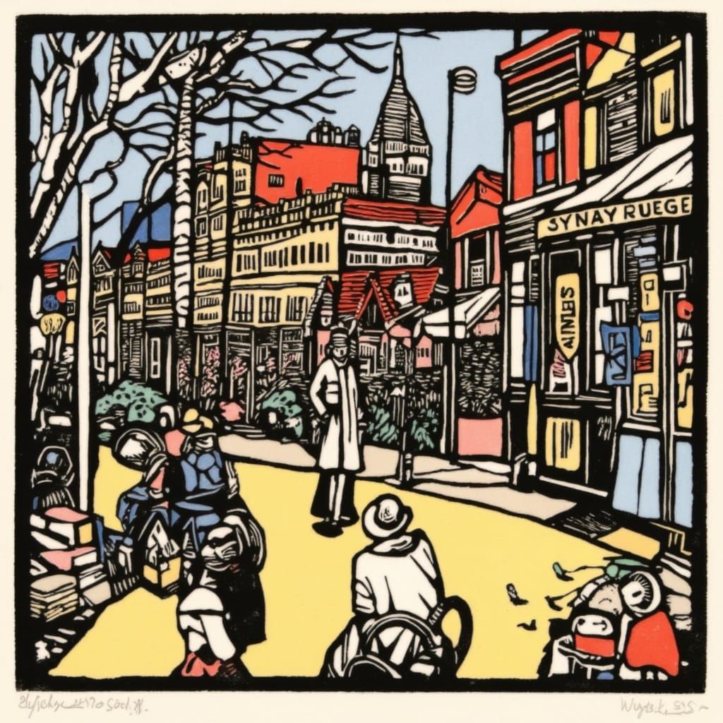 1950s Sydney Street Scene in Lino Block Print Style
