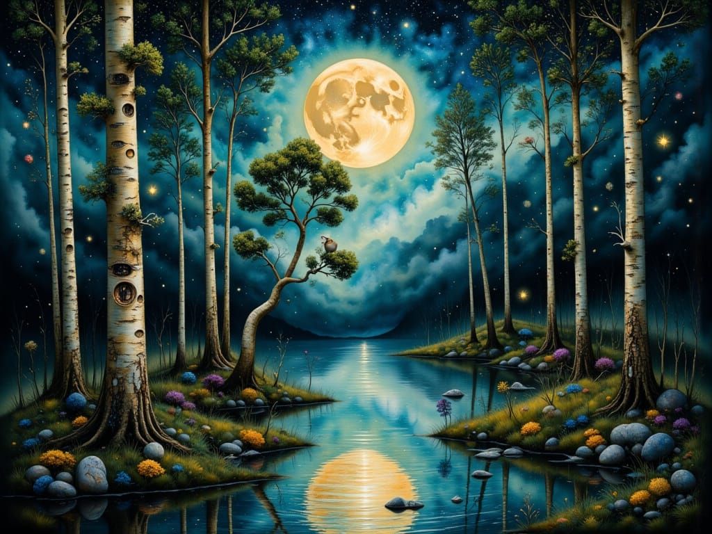 Moonlit Owl in Mystical Birch Forest