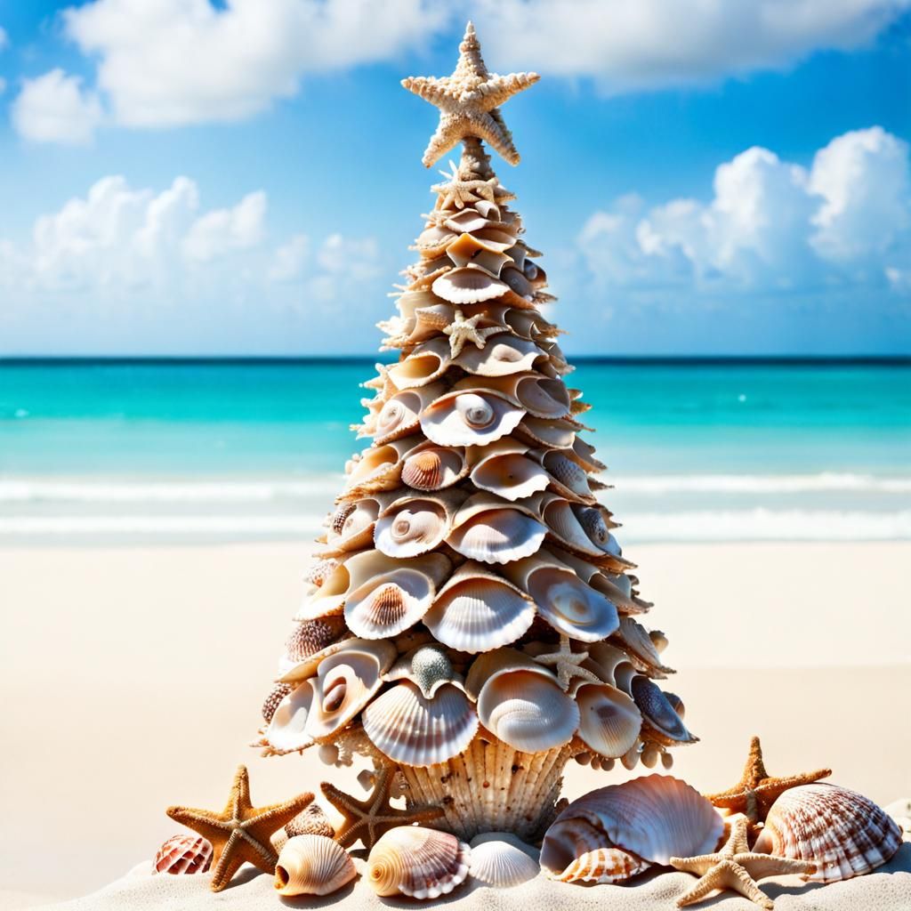 Seashell Christmas Tree on a Beach