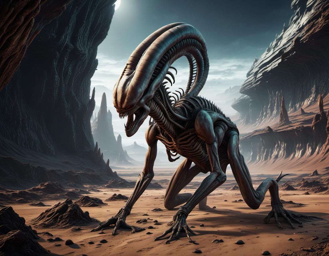 Alien Xenomorph on Barren Planet: Detailed Concept Art