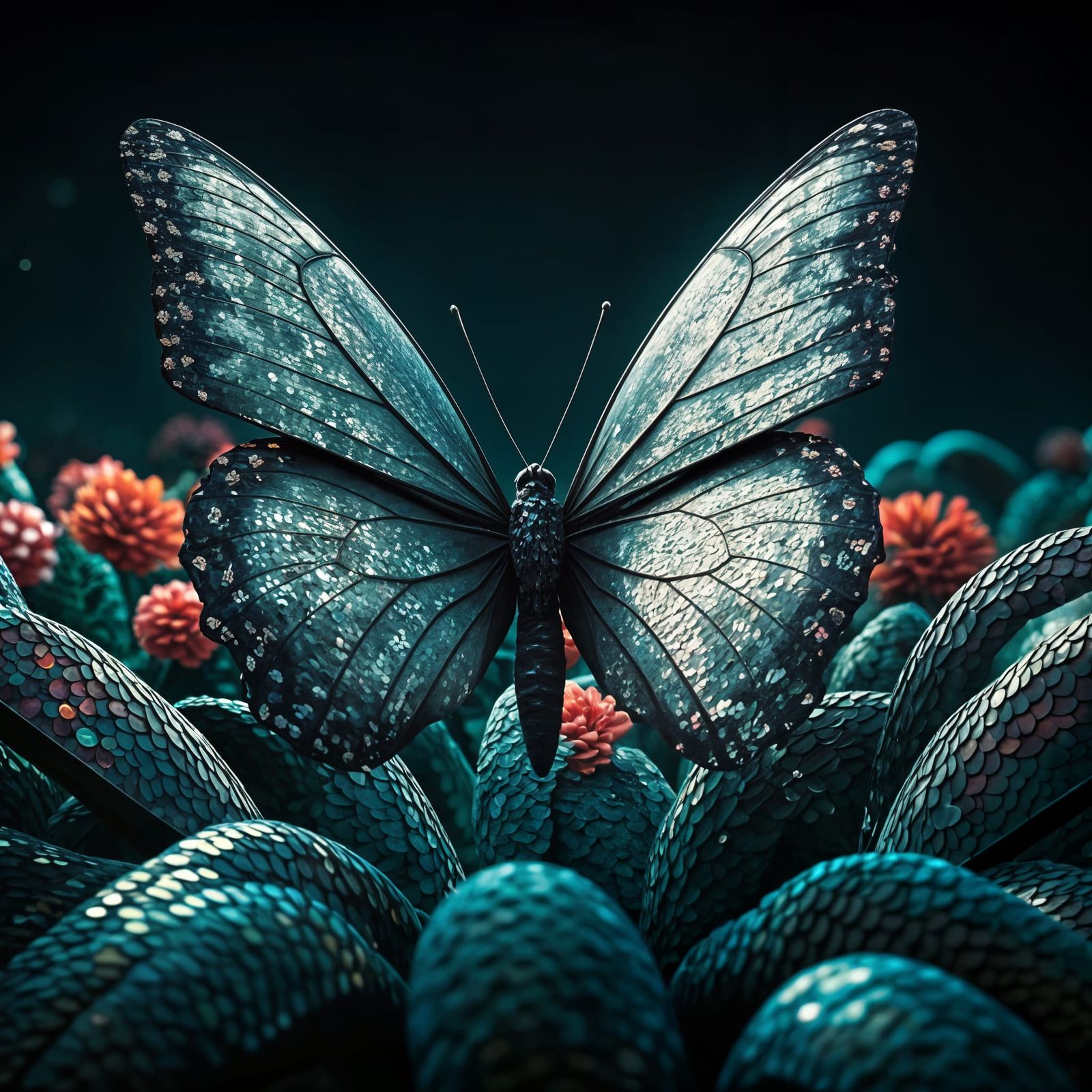 Iridescent Butterfly Flies in Sparkling Garden