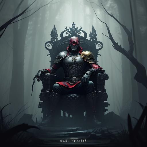 Red Armored Skull on Throne in Mystical Forest