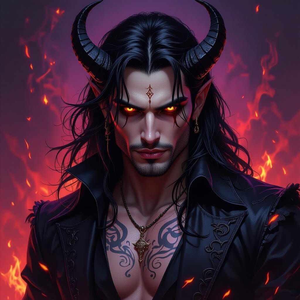 Seductive Male Demon with Fiery Eyes in Dark Fantasy Art Sty...