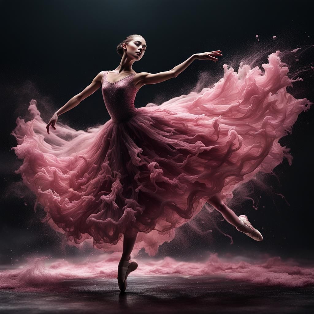 Ballerina Dancing with Flowing Rose Paint Dress