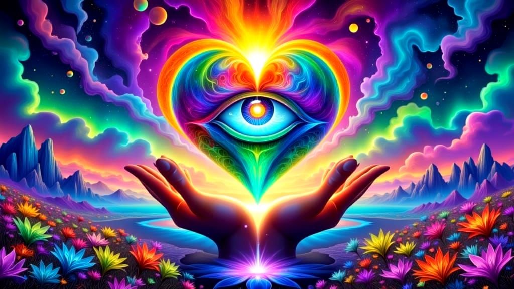 Psychedelic Crystal Heart in a Neon Landscape