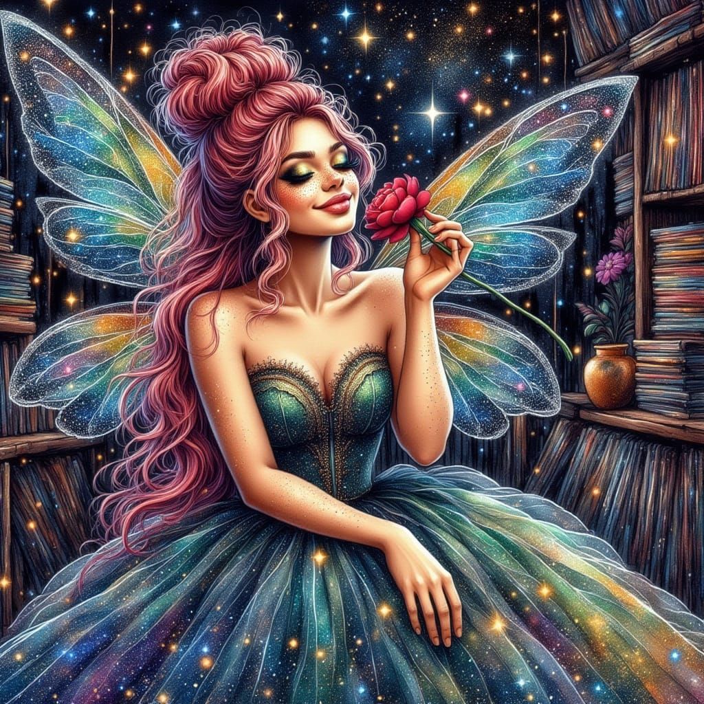 Whimsical Fae in Sparkling Dress, Listening to Music in a Re...