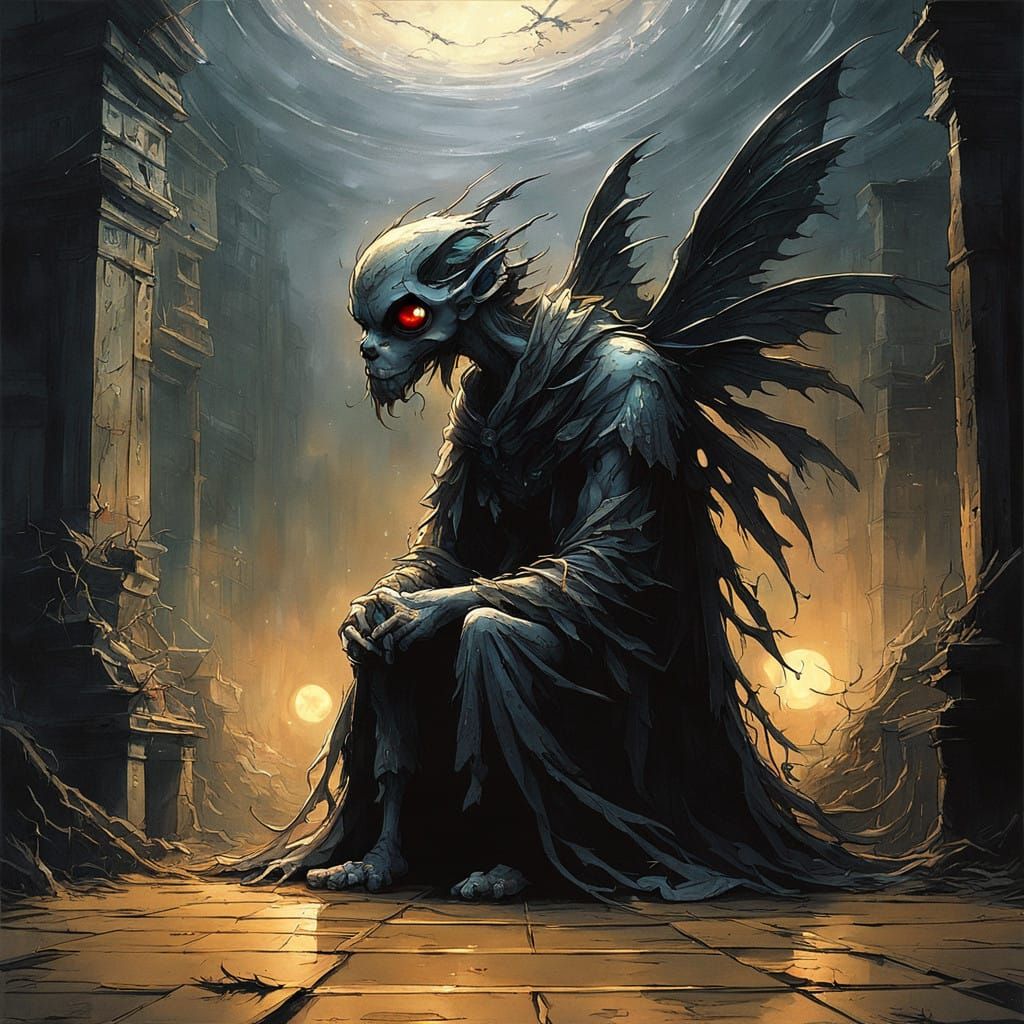 A Lonely Chibi Fairy in Dark, Ethereal Surroundings