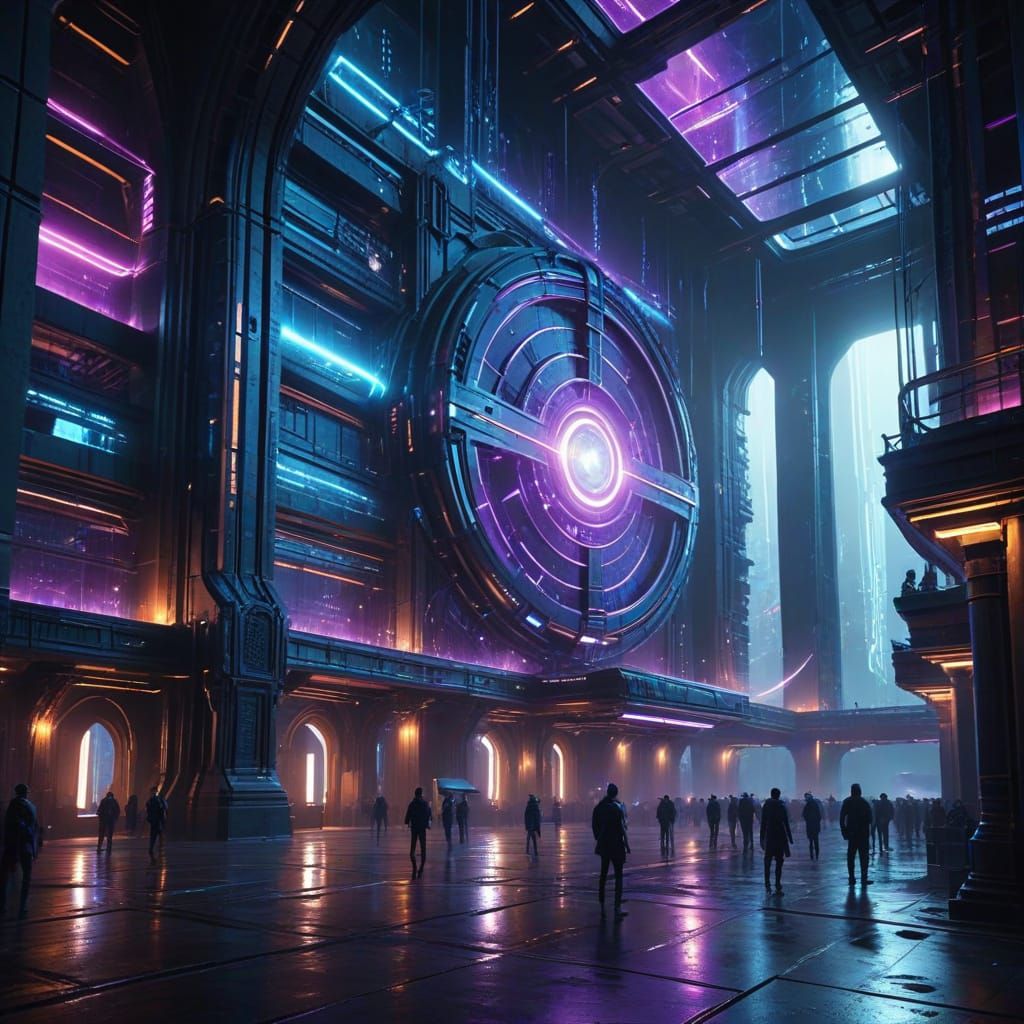 Cyberpunk Volkshalle Filled with People Harnessing Vril Ener...