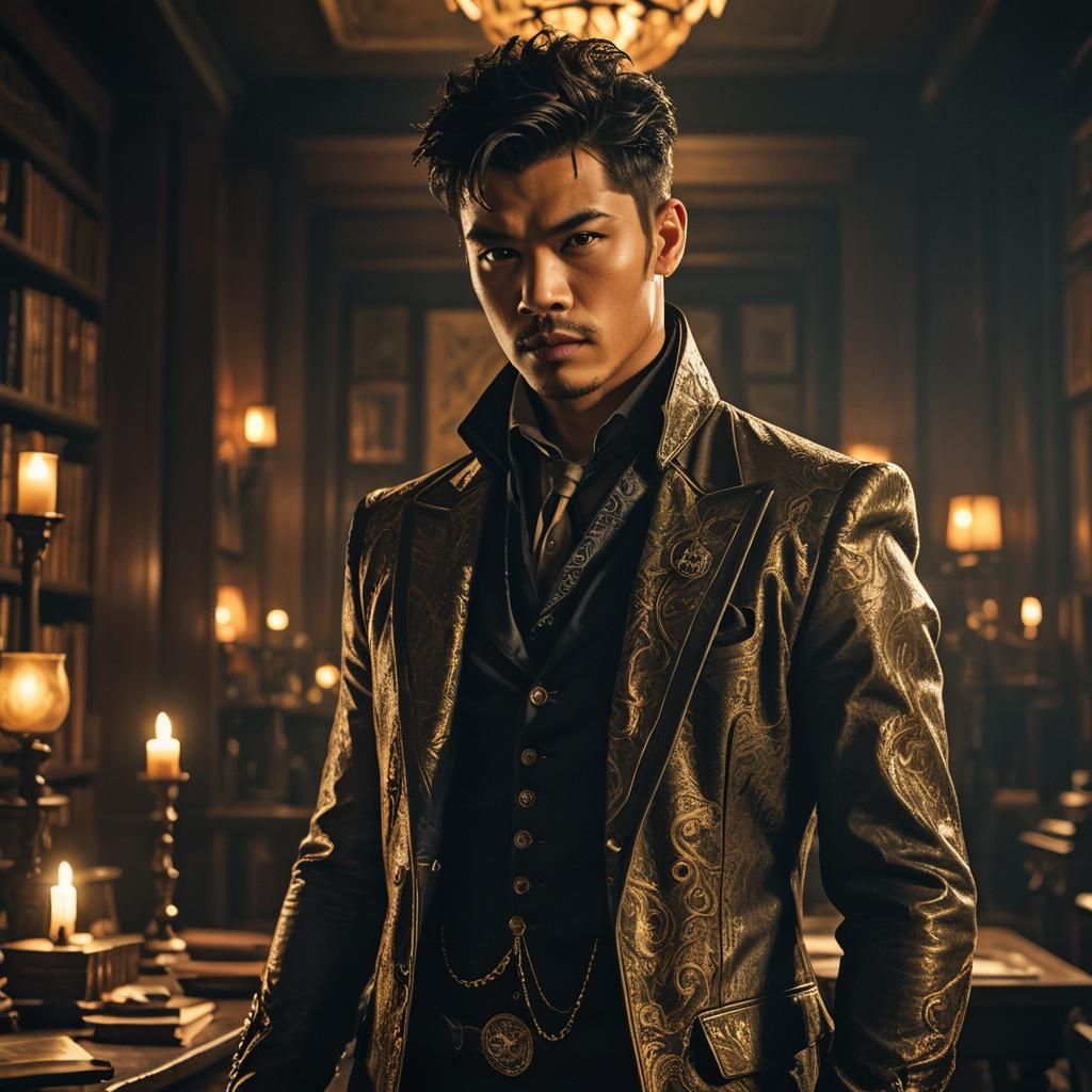 Magnus Bane in Luxurious Study: Cinematic Film Still