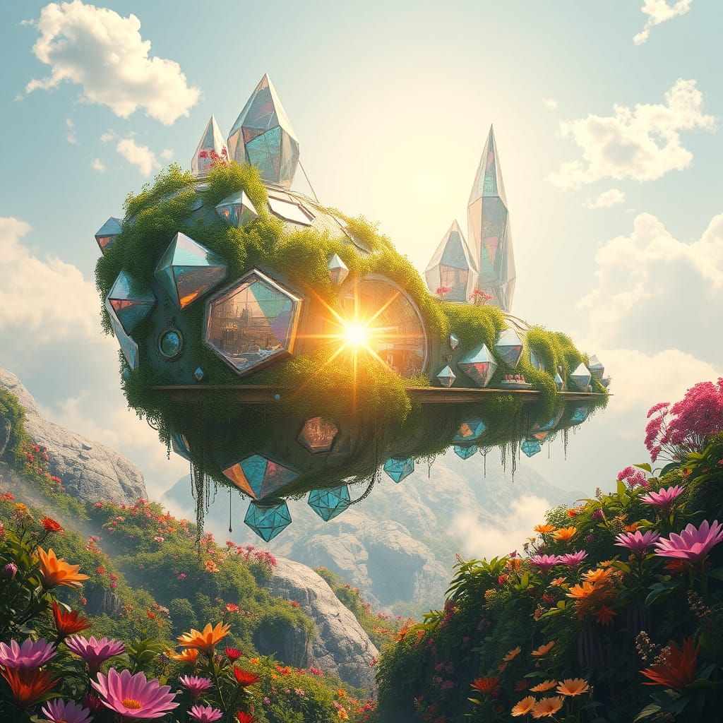 Ethereal Eco-Settlement Suspended Amidst Vibrant Blooming Fl...