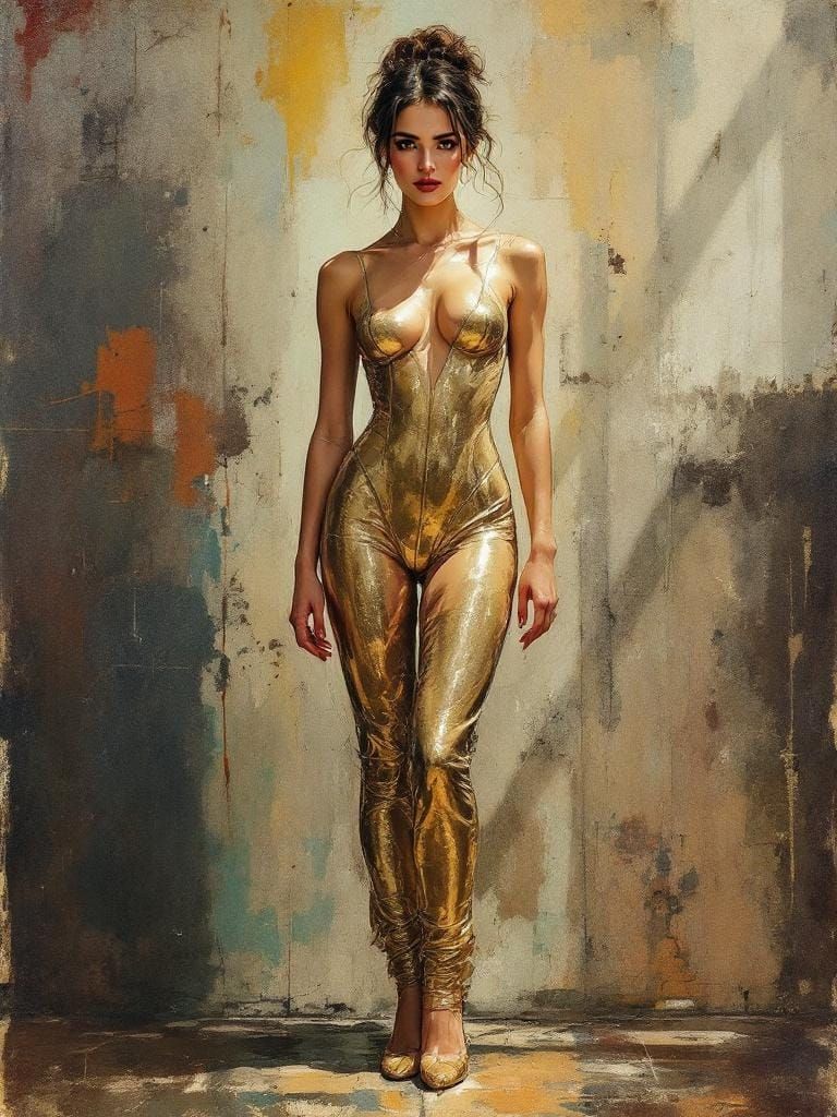 Elegant Woman in Gold Catsuit with Watercolor Effects