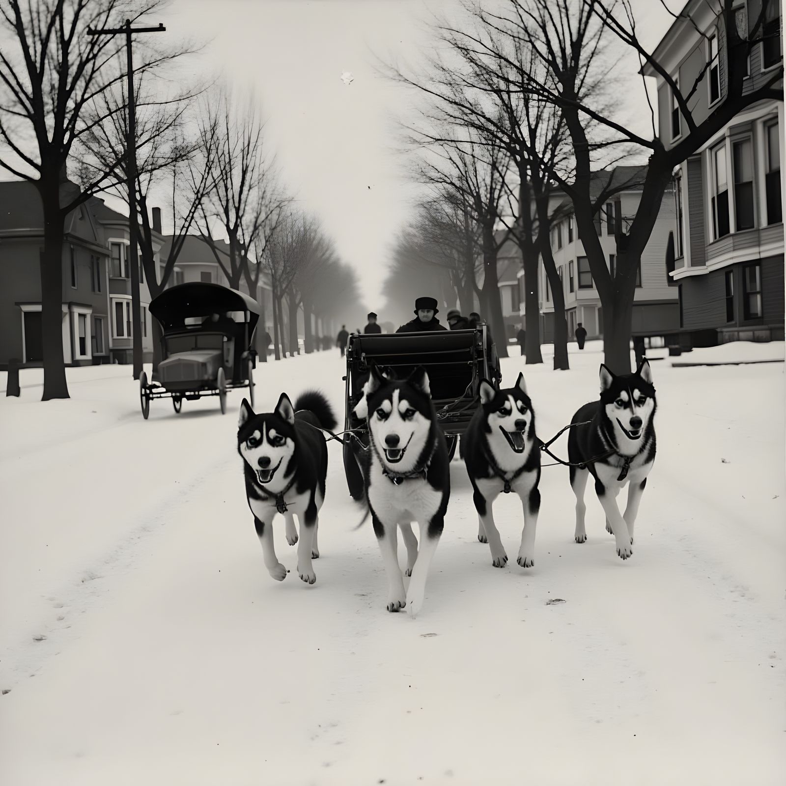 Vintage Dog Sled Race in Snowy Cityscape