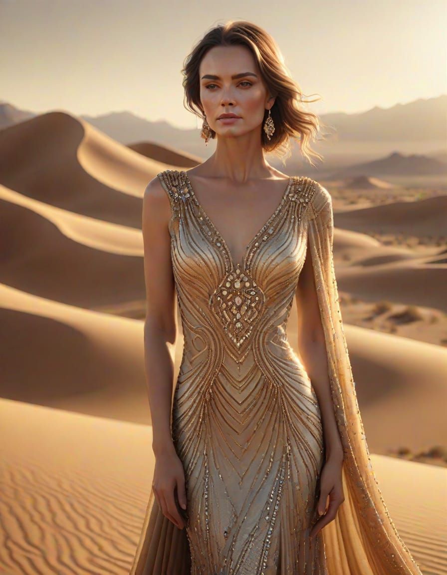 Desert Woman in Beaded Gown: Photorealistic Digital Art
