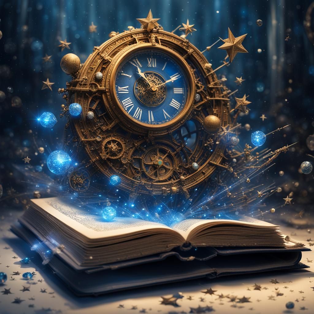 Sci-Fi Clock Emerges from Book with Stars