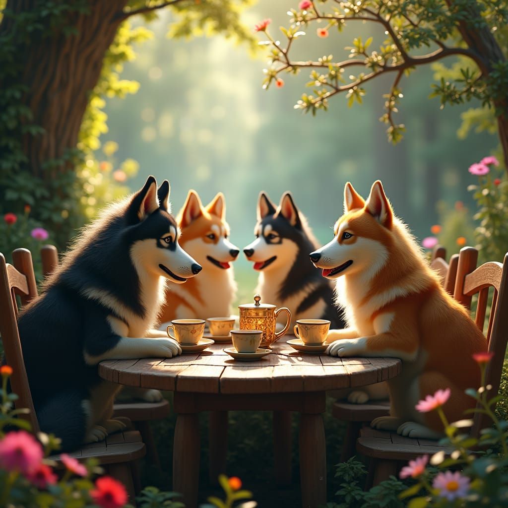 Dogs Drinking Coffee in Mystical Forest