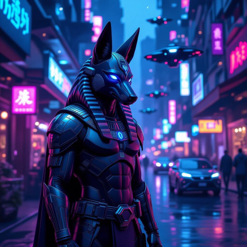 Anubis in Cyberpunk Marketplace with Neon Lighting