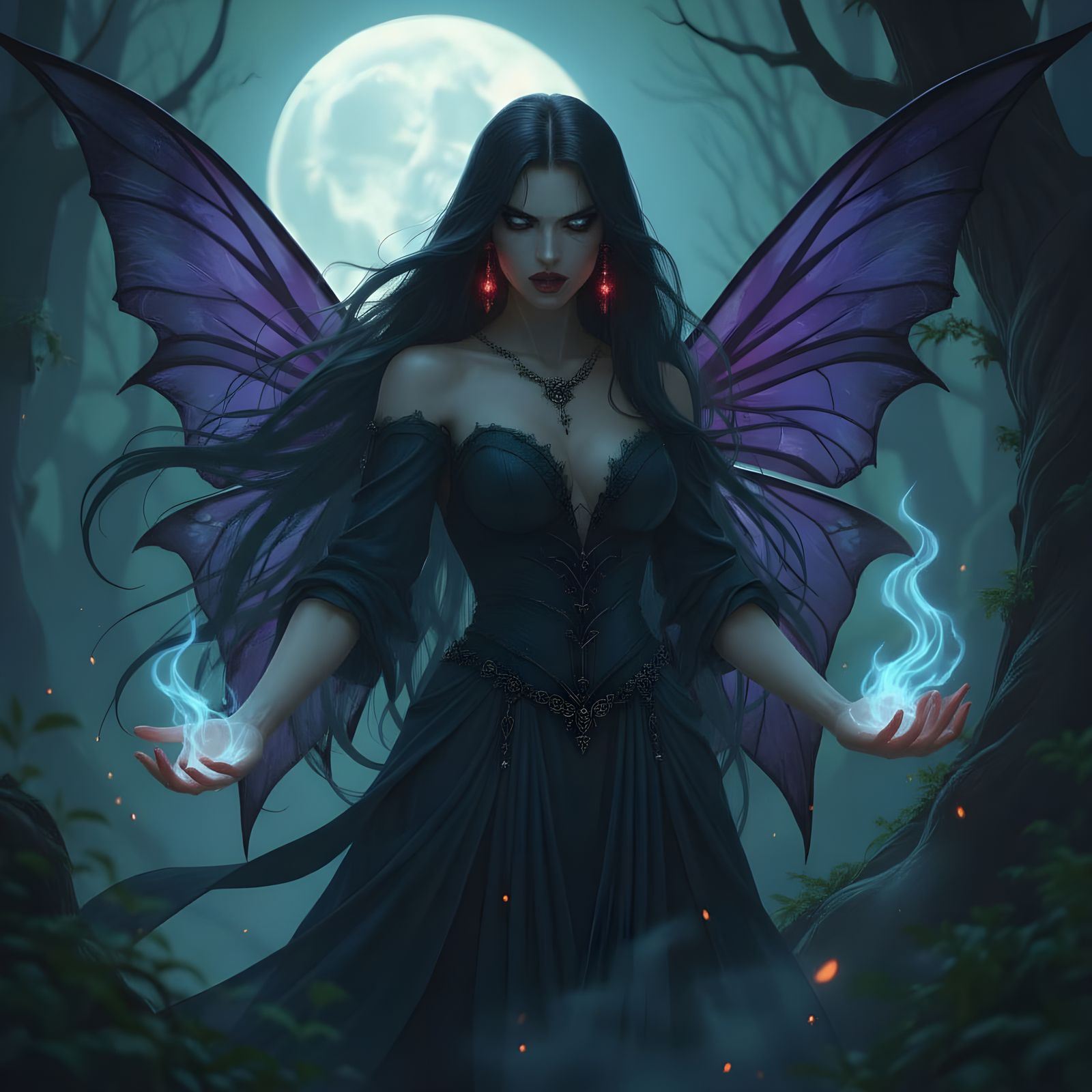 Dark Sorceress Summoning Magic in Moonlit Forest