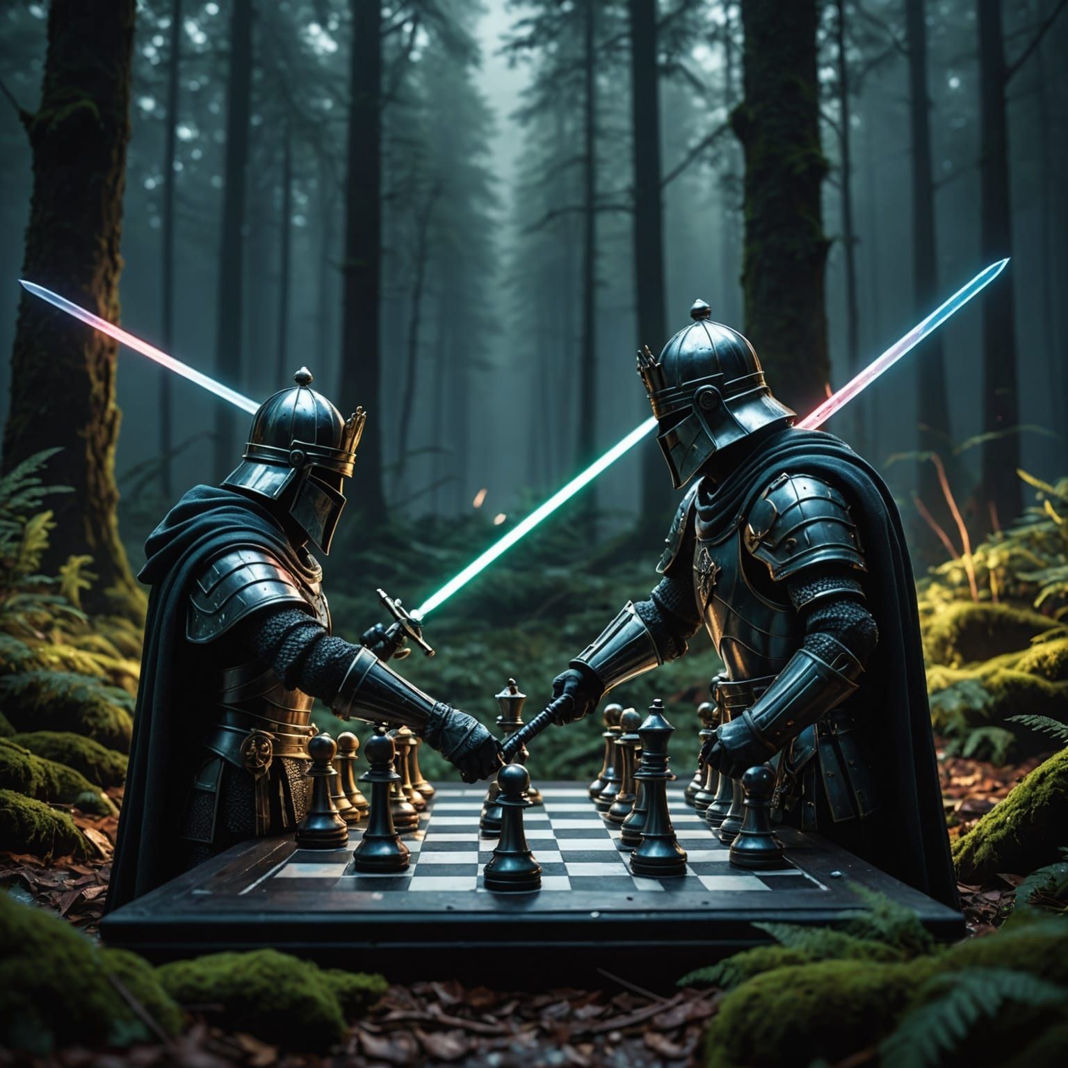 Chess Armies Clash with Laser Swords in Dark Forest