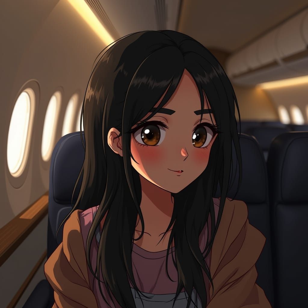 Girl with Black Hair on Luxury Plane