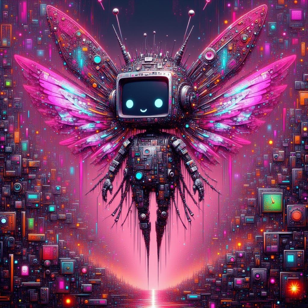 Cyber Fairy in Neon Cityscape with Robots