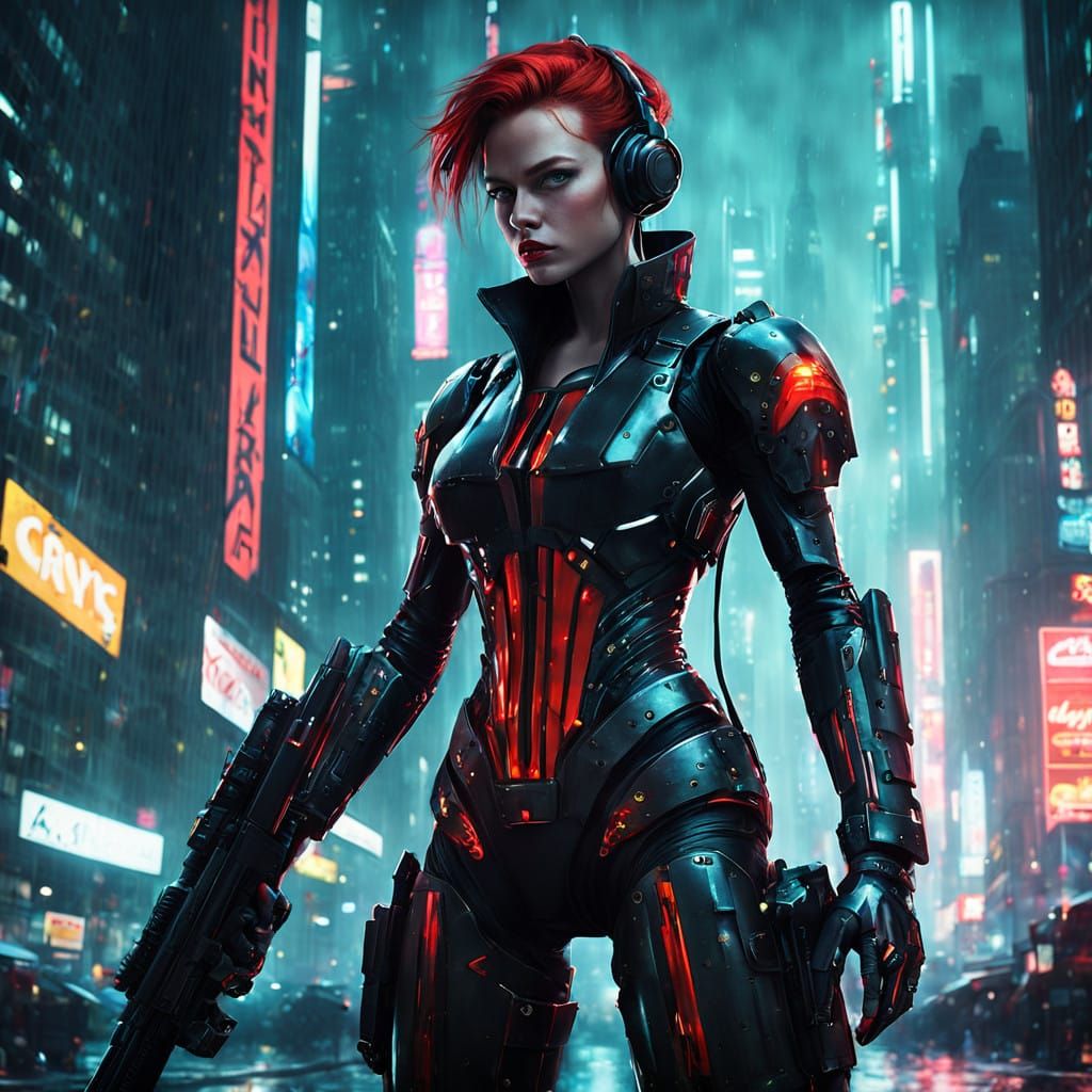 Cyberpunk Combat Gynoid in Neon City