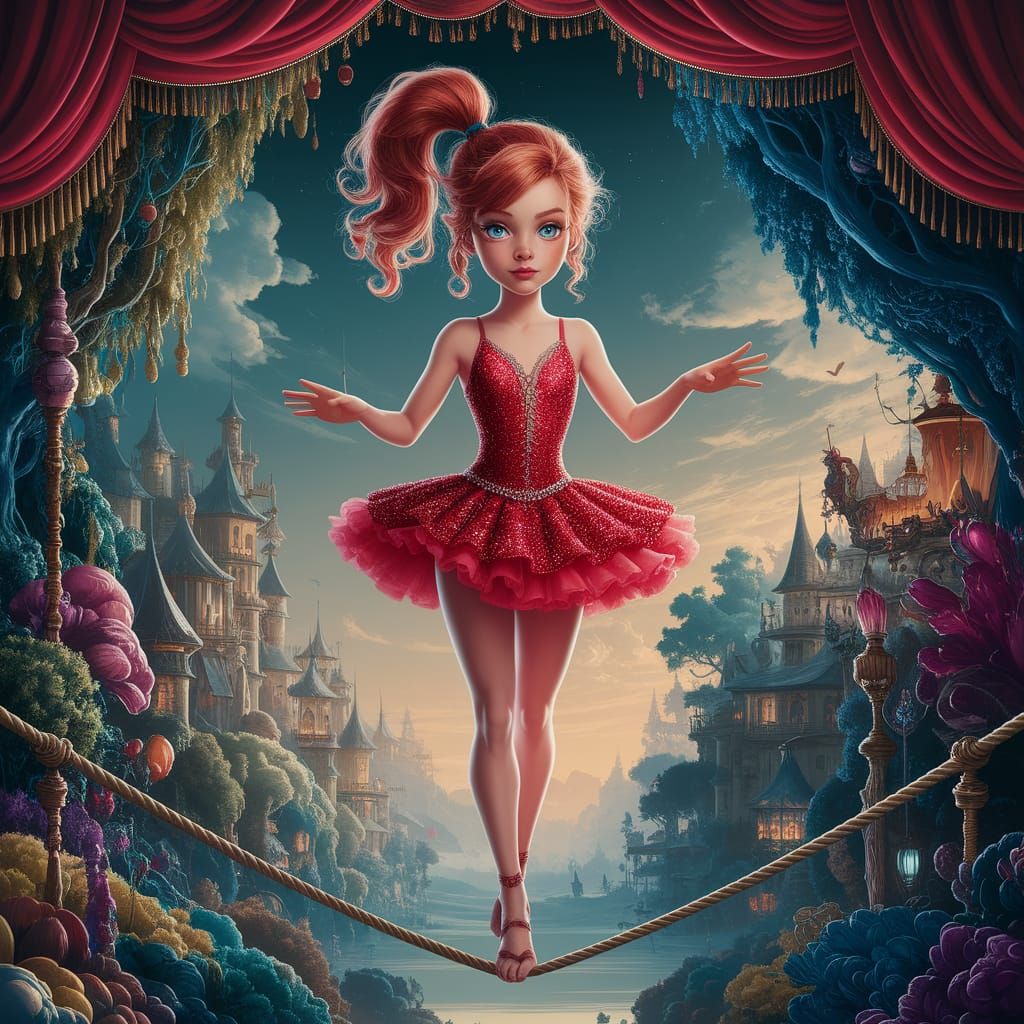 Fantasy Carnival Performer on a Tightrope in a Whimsical Lan...